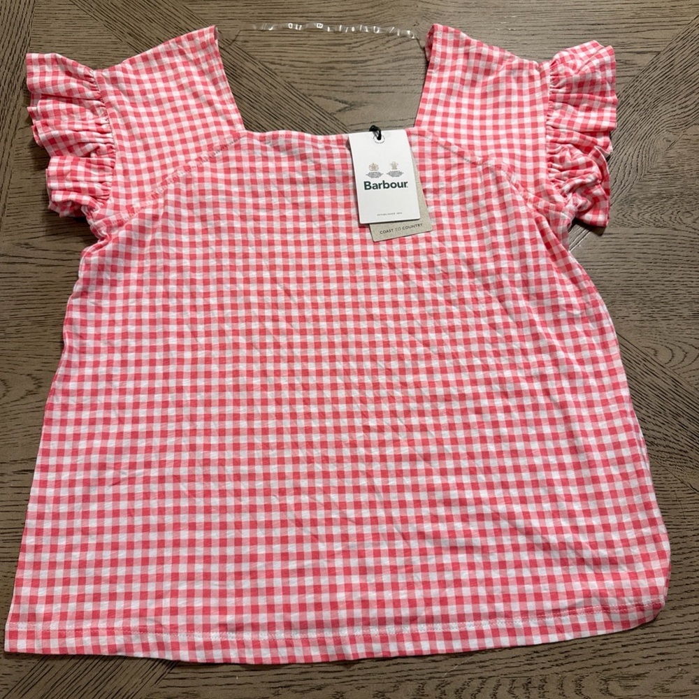 BARBOUR Pink Check STONELEIGH Cotton Rolled Sleeve Top 6 NWT
